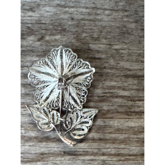 Vintage 925 Silver Filigree Flower Brooch Pin - Picture 4 of 6